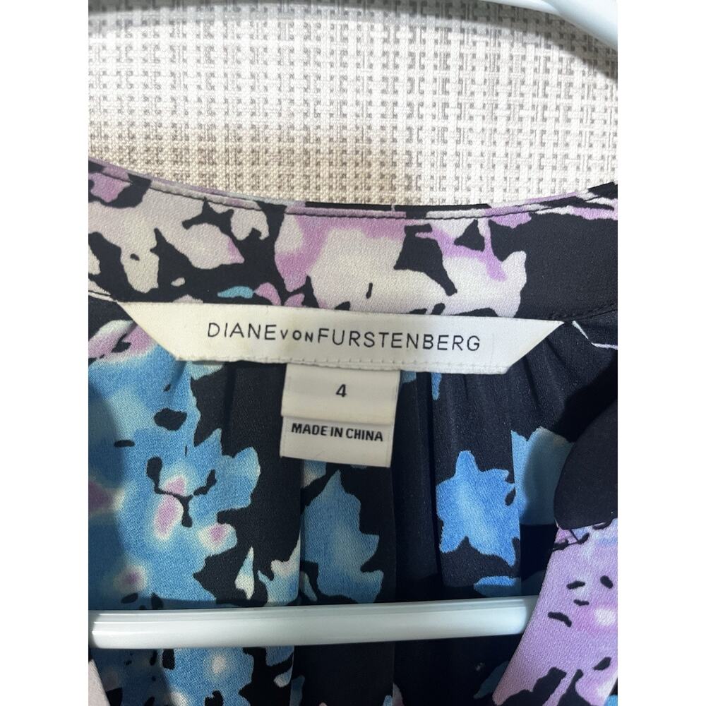 Diane von Furstenberg DVF Floral Shirt Dress Size 4 Blue Purple Long Sleeve - Picture 3 of 6